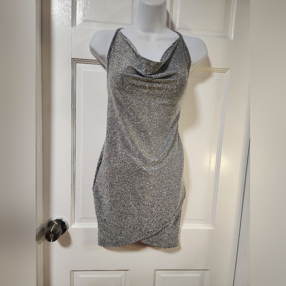 Women’s Silver Glitter Sparkle Dress Metallic Party Cocktail Evening Dress Mediu - Picture 7 of 10
